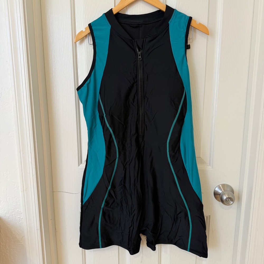 Charmo Womens Black Teal Colorblock Front Zip UPF 50+ Shorty Wetsuit Rash Guard